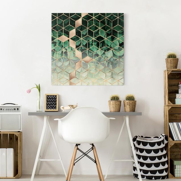 Canvas prints art print Green Leaves Golden Geometry
