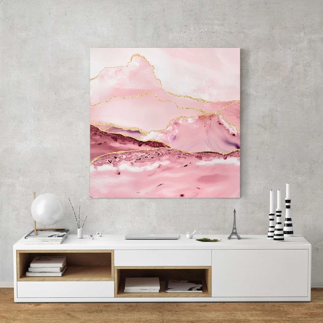 Mountain canvas wall art Abstract Mountains Pink With Golden Lines