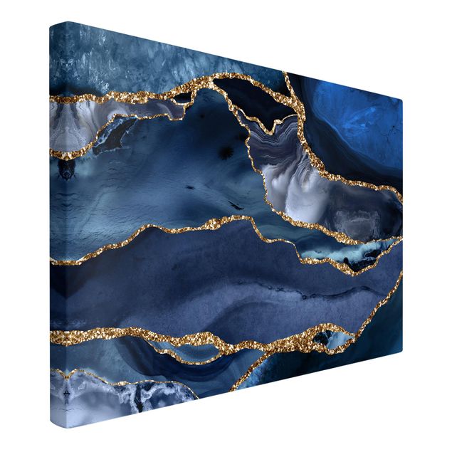 Abstract art prints Golden Glitter Waves Blue Backdrop