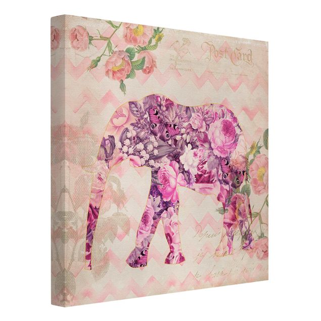 Red rose canvas Vintage Collage - Pink Flowers Elephant