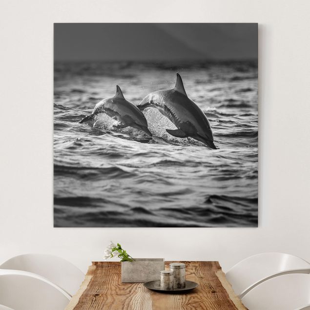 Canvas prints fishes Two Jumping Dolphins