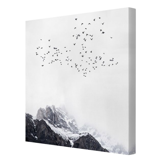 Art posters Flock Of Birds In Front Of Mountains Black And White