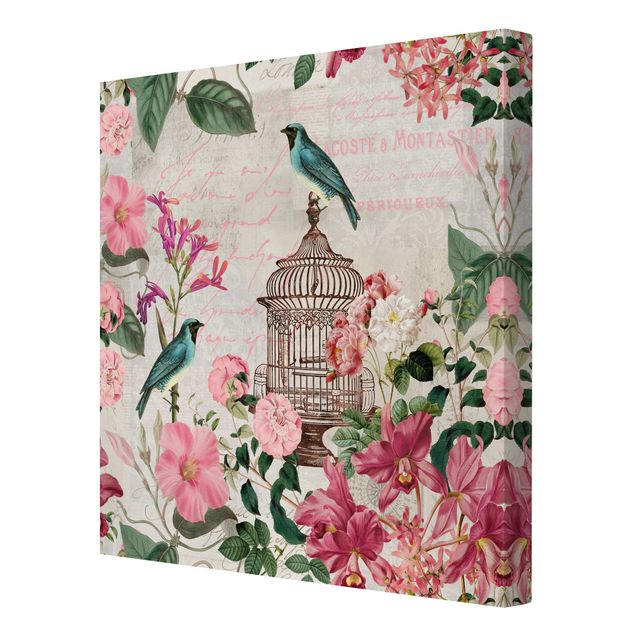Prints pink Shabby Chic Collage - Pink Flowers And Blue Birds