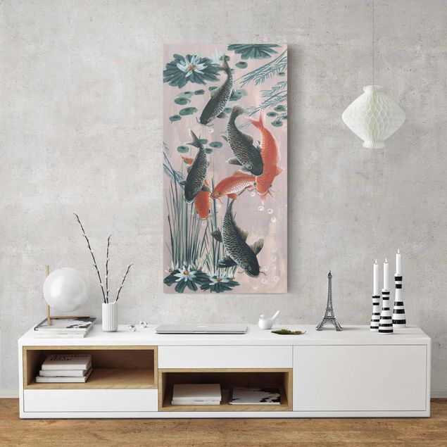 Red rose canvas Asian Painting Koi In Pond II