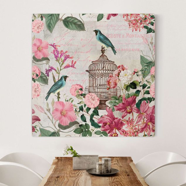 Kitchen Shabby Chic Collage - Pink Flowers And Blue Birds