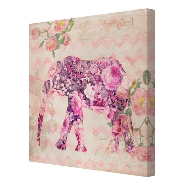 Prints elefant Vintage Collage - Pink Flowers Elephant