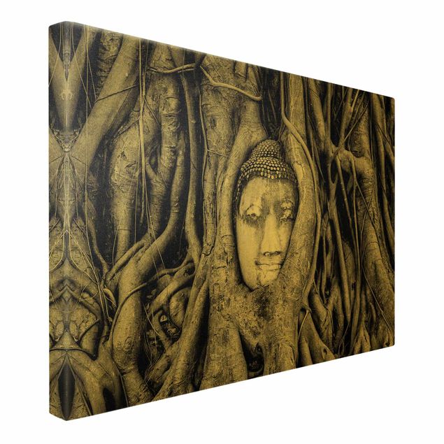 Wall art prints Buddha in Ayuttaya Framed By Tree Roots In Black And White