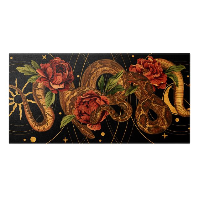 Prints Snakes With Roses On Black And Gold I