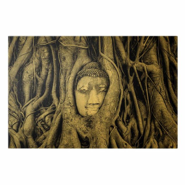 Prints Buddha in Ayuttaya Framed By Tree Roots In Black And White