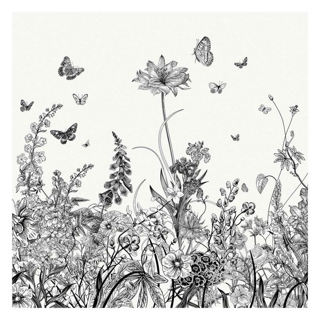 Adhesive wallpaper Large Flowers With Butterflies In Black
