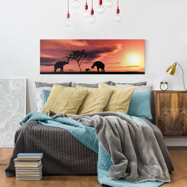 Sunset canvas wall art African Elephant Family