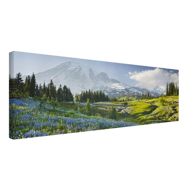 Prints trees Mountain Meadow With Blue Flowers in Front of Mt. Rainier