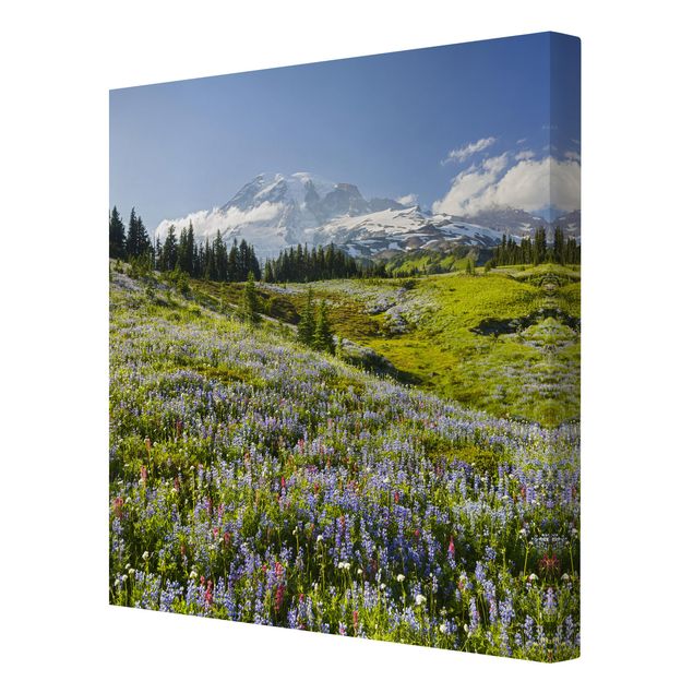 Prints floral Mountain Meadow With Red Flowers in Front of Mt. Rainier