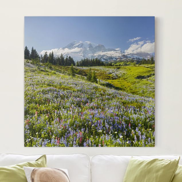 Landscape wall art Mountain Meadow With Red Flowers in Front of Mt. Rainier