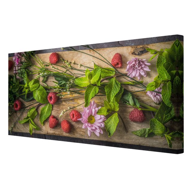 Green canvas wall art Flowers Raspberries Mint
