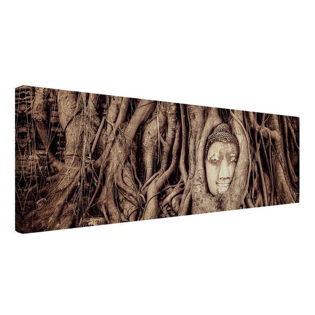 Vintage wall art Buddha In Ayutthaya Lined From Tree Roots In Brown