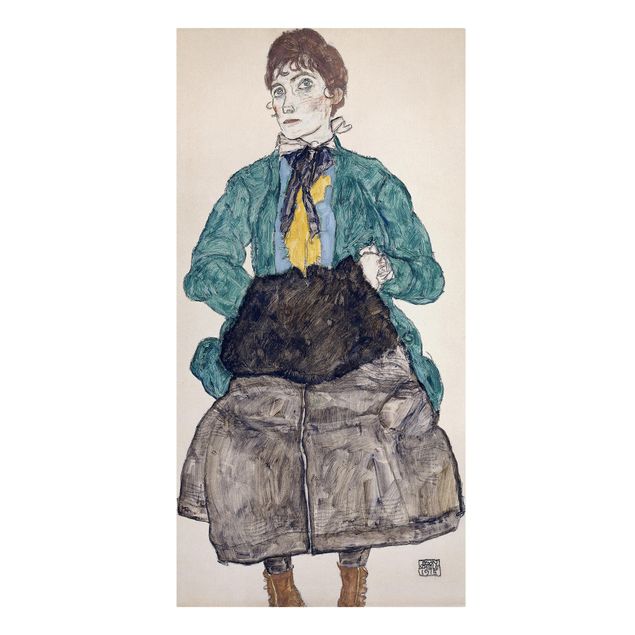 Canvas art prints Egon Schiele - Woman In Green Blouse With Muff