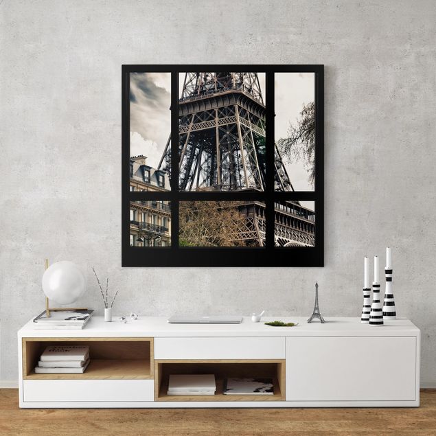 Paris canvas wall art Window view Paris - Near the Eiffel Tower black and white