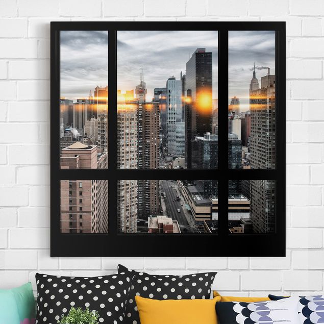 Kitchen Windows Overlooking New York With Sun Reflection