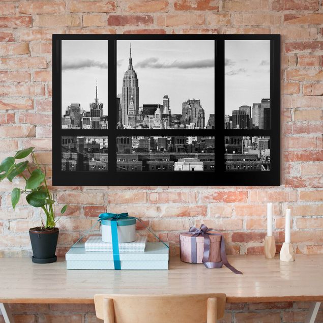 New York skyline canvas Window Manhattan Skyline black-white