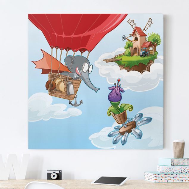 Canvas elefant Flying Elephant Farm In The Clouds