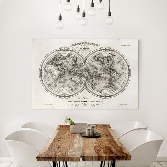 Wall art black and white French map of the hemispheres from 1848