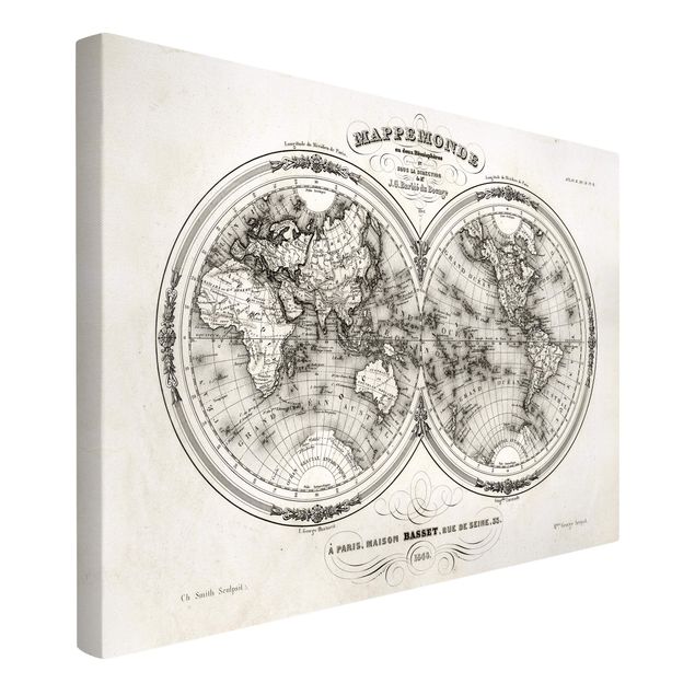 Printable world map French map of the hemispheres from 1848
