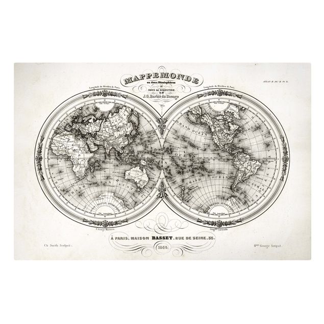 Prints black and white French map of the hemispheres from 1848