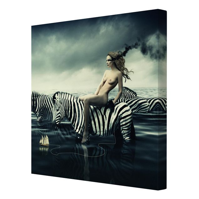 Animal canvas Woman Posing With Zebras
