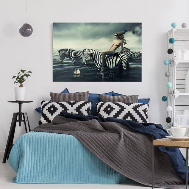 Zebra canvas Woman Posing With Zebras