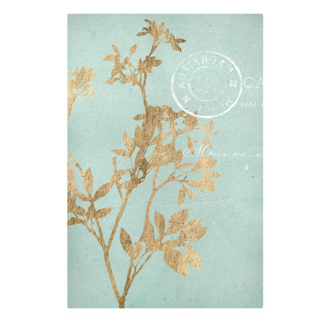 Wall art turquoise Golden Leaves On Turquoise I