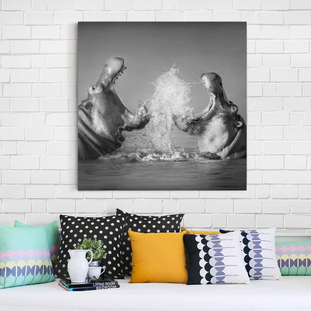 Black and white canvas art Hippo Fight