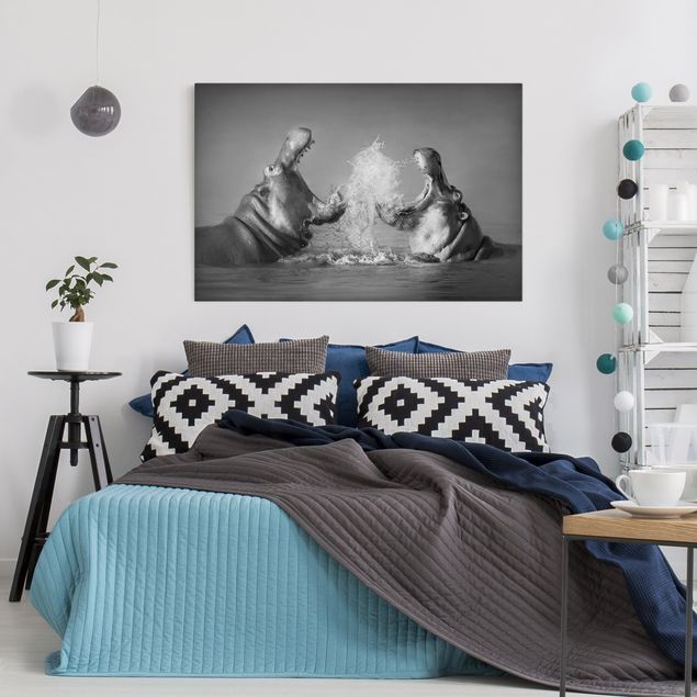 Black and white canvas art Hippo Fight