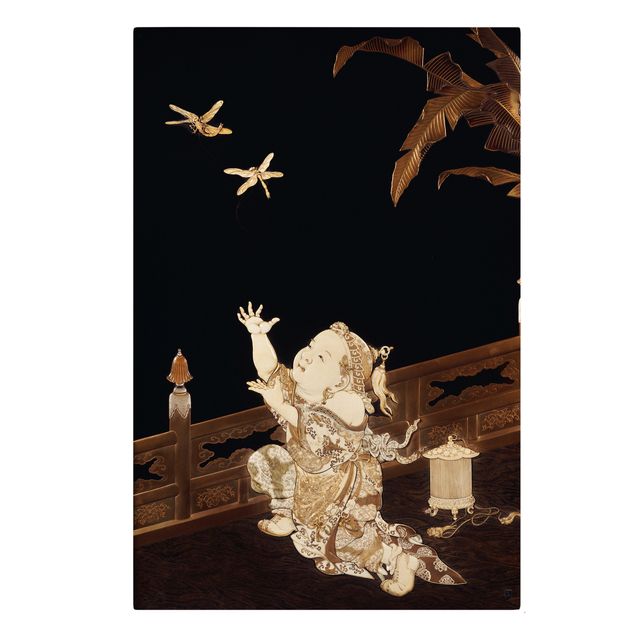 Contemporary art prints Boy chasing two Dragonflies on a Veranda