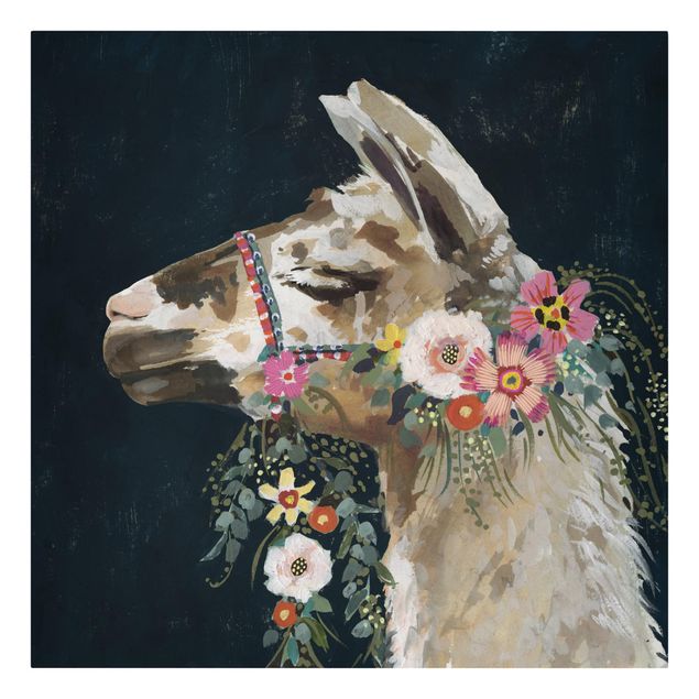 Prints black Lama With Floral Decoration II