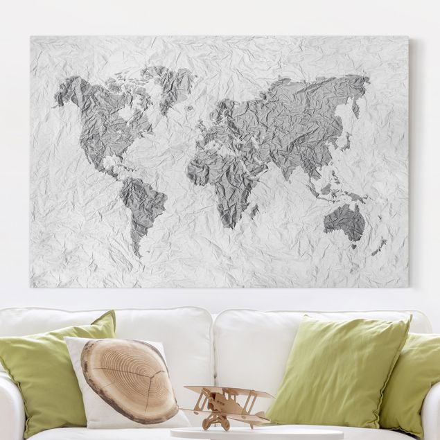 Black and white canvas art Paper World Map White Grey