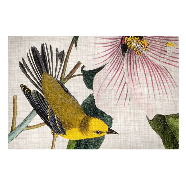 Floral canvas Bird On Linen Yellow I