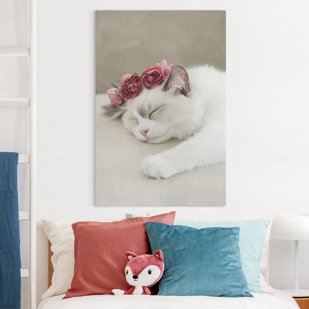 Kids room decor Sleeping Cat with Roses