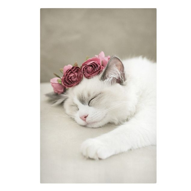 Animal wall art Sleeping Cat with Roses