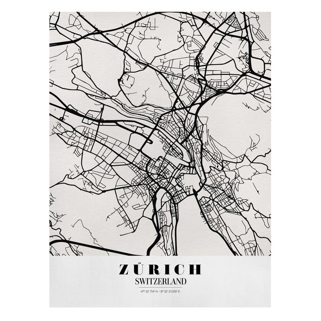 Black and white wall art Zurich City Map - Classic