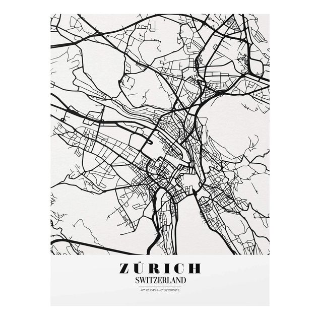Black and white wall art Zurich City Map - Classic