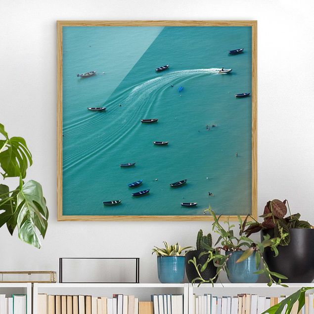Framed beach wall art Anchored Fishing Boats