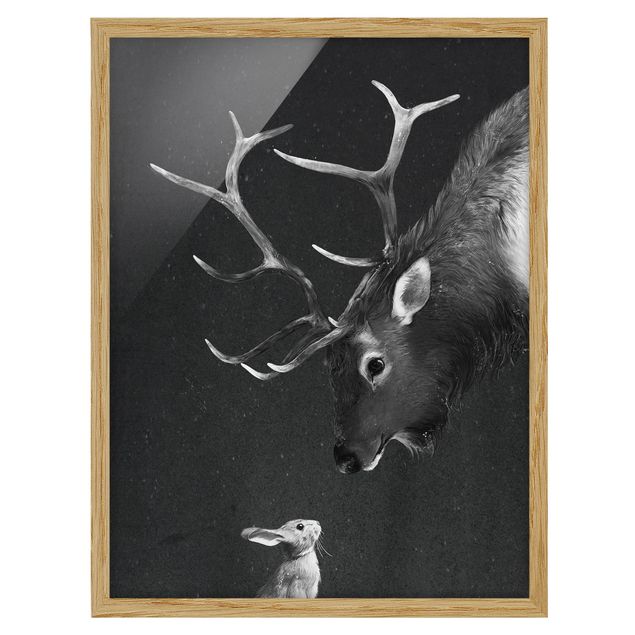 Art prints Illustration Deer And Rabbit Black And White Drawing