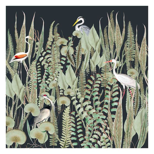 Vintage aesthetic wallpaper Flamingo And Stork With Plants On Green