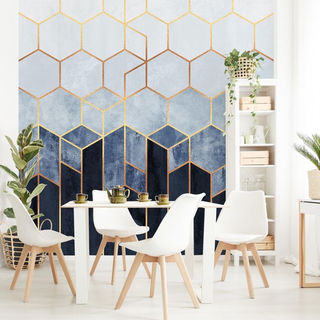 Geometric pattern wallpaper Golden Hexagons Blue White