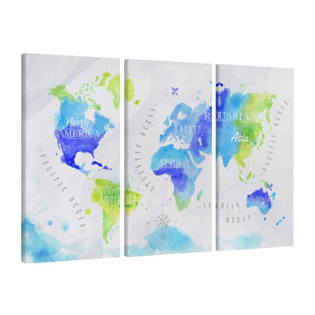 Prints modern World Map Watercolour Blue Green