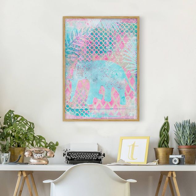 Landscape canvas prints Colourful Collage - Elephant In Blue And Pink