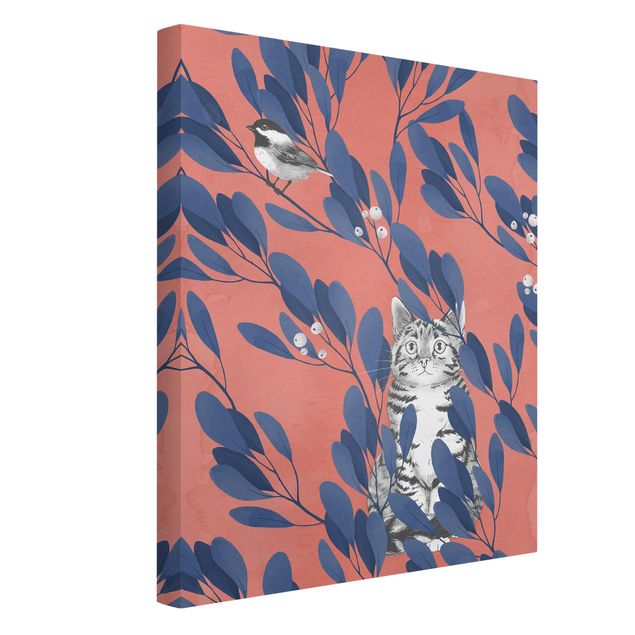 Cat canvas Illustration Cat And Bird On Branch Blue Red