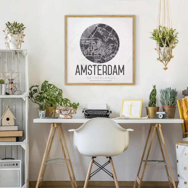 World map framed print Amsterdam City Map - Retro