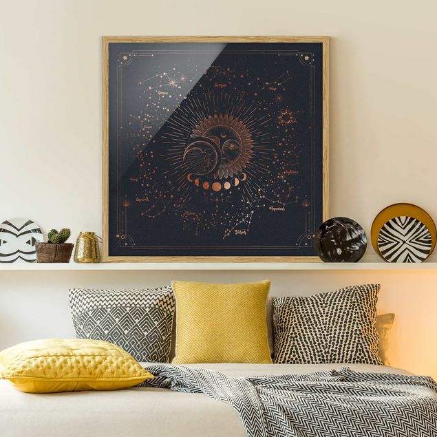 Printable world map Astrology Sun Moon And Stars Blue Gold